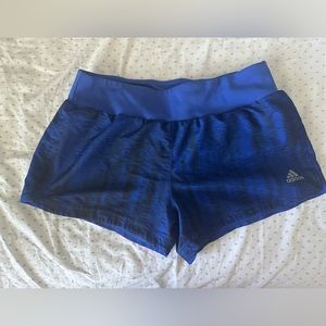ADIDAS blue running shorts with hidden pocket and liner, Size small.